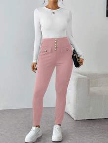 SHEIN Unity Women's Solid Color Metal Button Waist Design Skinny Casual Pants Fall Cloth For Women - Pink - View 3