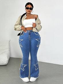 Dripcurv Quần jeans ống loe bó màu xanh denim cỡ lớn thường ngày - Rửa tối - Xem 7