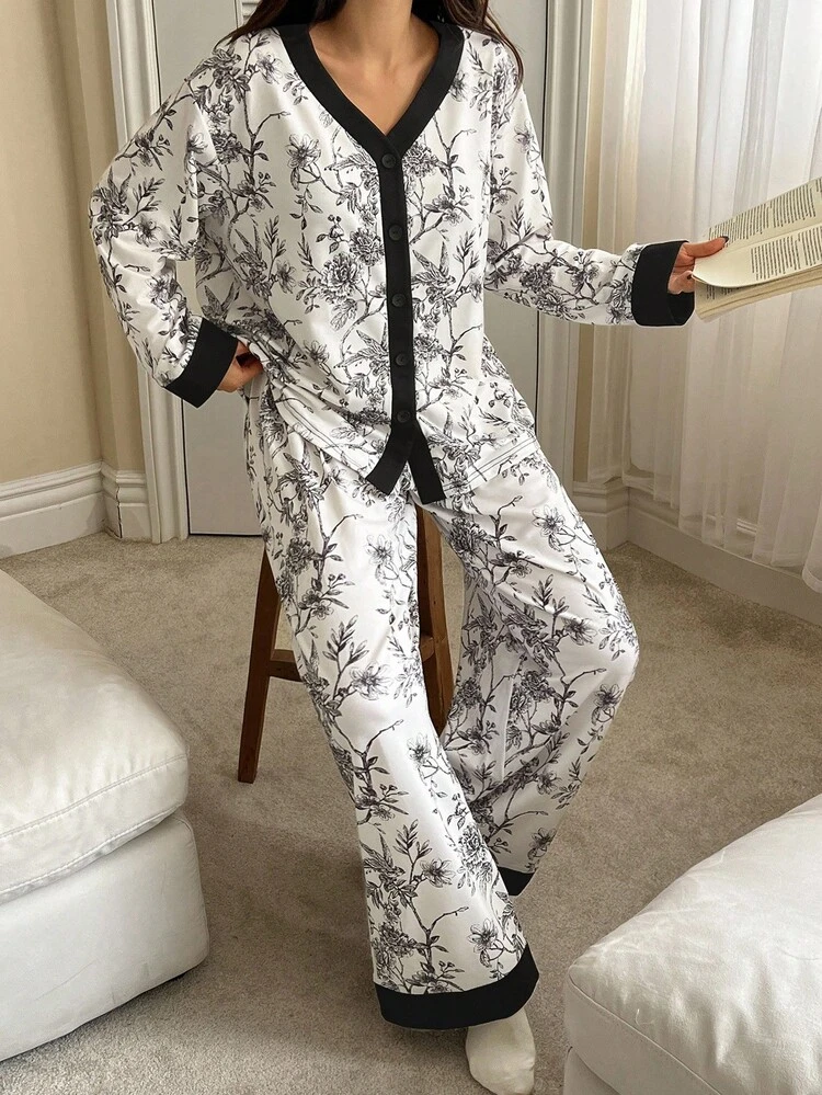 Line Drawing Plant Pattern Contrast Color Patchwork Women Pajama Set, Fall Clothes