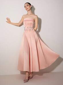 Poshira Rhinestone Decor Strapless Glamorous Ball Gown Dress (Heavily Embellished) - Pink - View 6