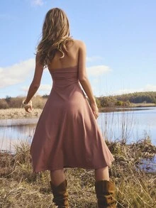 Aralina Robe mi-longue décontractée pour femmes, dos nu, col ras-du-cou, couleur unie, été