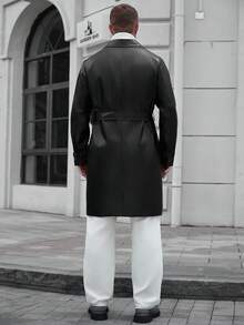 Manfinity CasualCool 男士纯色翻领长袖单排扣休闲 PU 皮革风衣，秋季 - 黑色 - 查看 2