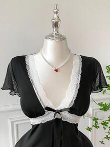Comfortcana 加大码 V 领蕾丝拼接黑色休闲连衣裙，春/秋季，婚礼宾客礼服女装，秋季，返校节，外出，约会，婚礼宾客礼服 - 黑與白 - 查看 5