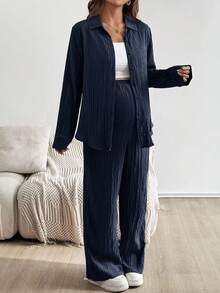 SHEIN 2 件孕妇套装：纯色长袖纽扣衬衫和可调节腰部裤子，休闲两件套女士舒适 2 件休闲套装女士 2 件休闲套装女士孕妇装两件套装舒适两件套 - 藏蓝色 - 查看 5