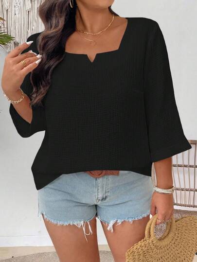 EMERY ROSE Plus Size Casual Solid Color Textured Shirt