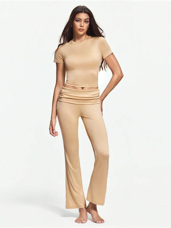 Shapelle Forme 2pcs Women Lightweight Shaping Comfortable Casual Wrap T-Shirt And Flare Pants Loungewear Set, Suitable For Sleepwear Or Outerwear