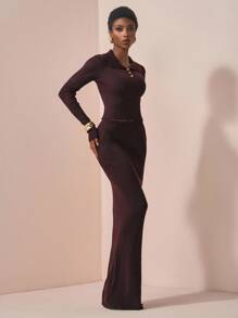 Zivah Dark Purple Autumn Elegant Brunch Matching Knit Sweater And Bodycon Long Skirt Set,Business Casual Commuting Daily Wear Birthday Party Brown Outfits - Chocolate Brown - View 5