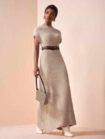 Zivah 2025 初秋新品，适合生日派对，校园风，日常穿着，休闲装，度假装，邮轮旅行，海滩装，日光浴装，时尚装，街头装，优雅装，通勤装，商务休闲装，无袖立领修身A字长裙，可叠穿或单穿，咖啡色，夏季针织连衣裙，初秋针织连衣裙，女士针织连衣裙