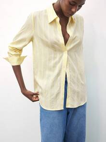 Maija 女士休闲通勤条纹纹理长袖衬衫 - 黃色 - 查看 7