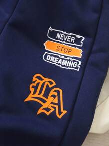 SHEIN 男婴秋季休闲套装，藏蓝色和杏色撞色字母数字印花拉链连帽衫搭配松紧腰裤，方便穿脱，适合外出。男婴连帽衫套装、男婴运动服、男婴冬季套装、男婴冬季服装、男婴秋季套装 - 藏蓝色 - 查看 4