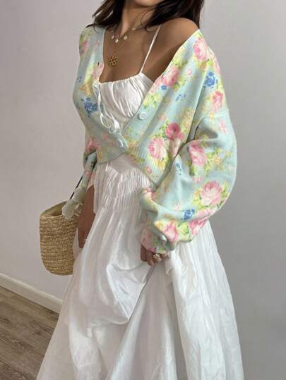 Sunnyshic Cardigan vintage fofo e fofo com decote em V, jacquard, rosa, flor, manga bufante longa, suéter para mulheres, férias