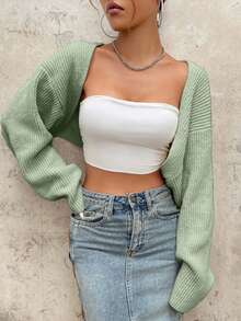 EURMUSE Y2K Grunge Drop Shoulder Open Front Crop Cardigan Without Tube Top - Mint Green - View 3
