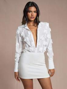 Glamine Women's Floral Patchwork Sheer Sexy Bodysuit, Long Sleeve, Elegant, Autumn Halloween White 3d Flower Shirt Rehearsal Dinner Dress White White Rose Shirt White Flower Shirt Fall Cloth For Women - White - View 1