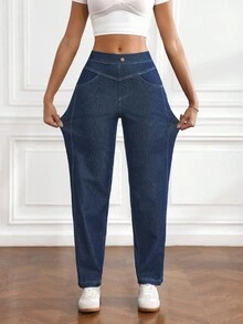 SHEIN Tall Quần jean denim nữ kiểu dáng thường ngày, có túi và cúc - màu đen - Xem 5