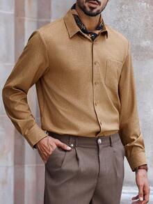 Manfinity Bizformal قميص رجالي كاجوال متعدد الاستخدامات بلون أحادي - قهوة بني - مشاهدة 1