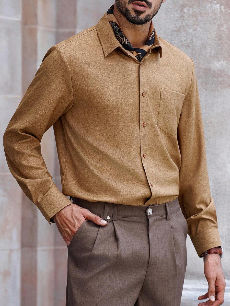 Manfinity Bizformal قميص رجالي كاجوال متعدد الاستخدامات بلون أحادي - قهوة بني - مشاهدة 1