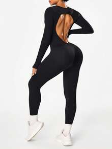 Dewbera Mono de mujer de unicolor con cuello redondo y espalda descubierta de manga larga