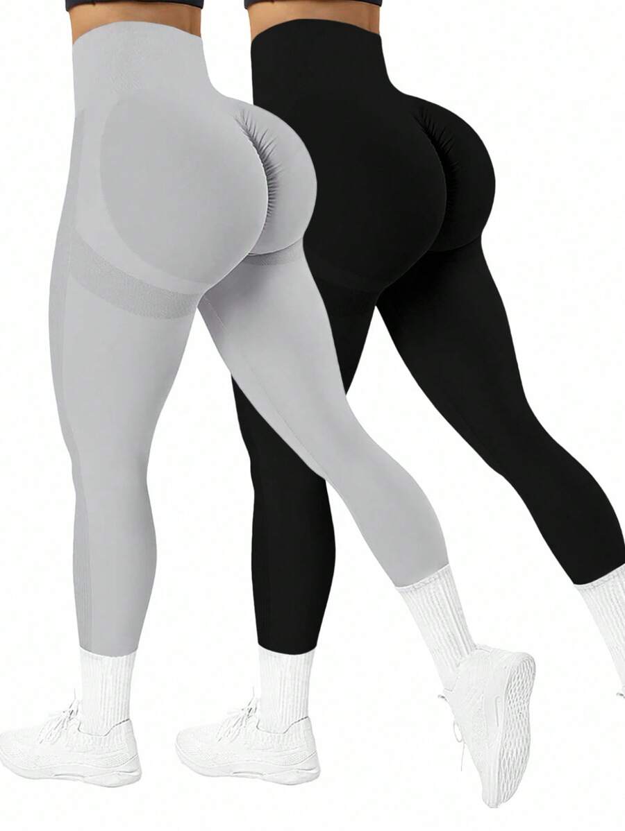 Easithlete 2 Stück Damen Einfarbige High Waist Elastische Nahtlose Sport Leggings für tägliches Fitness Yoga