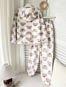 SHEIN 青少年女孩宽松休闲法兰绒熊印花可爱睡衣套装 - 棕色 - 查看 2