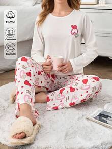 EURMUSE Bộ đồ ngủ thường ngày hình trái tim bằng vải cotton dành cho nữ - Nhiều màu - Xem 1