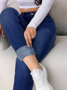 SHEIN Jeans skinny di base in denim blu scuro con fodera in pile elasticizzata per ragazze adolescenti