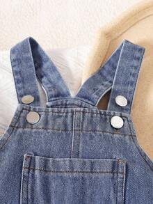 SHEIN Vintaside Kids 2 件套女婴经典黑色短袖图案 T 恤和牛仔背带裤套装，面料柔软舒适，适合日常穿着、度假、郊游、上学、聚会、春夏季 - 彩色 - 查看 6