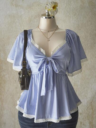 SHEIN ICON 加大码 V 领前系带蝴蝶结条纹短袖上衣，休闲度假，返校季，蓝白条纹，适合秋季，秋季服装