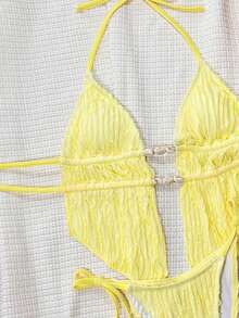 Bonvoyette 女士夏季纯色提花面料吊带露背三角抽绳吊带性感可爱女孩沙滩比基尼套装，女士分体泳衣 - 黃色 - 查看 5