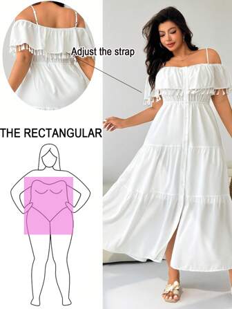 Solflare 大码女式纯色流苏设计露肩荷叶边下摆时尚连衣裙