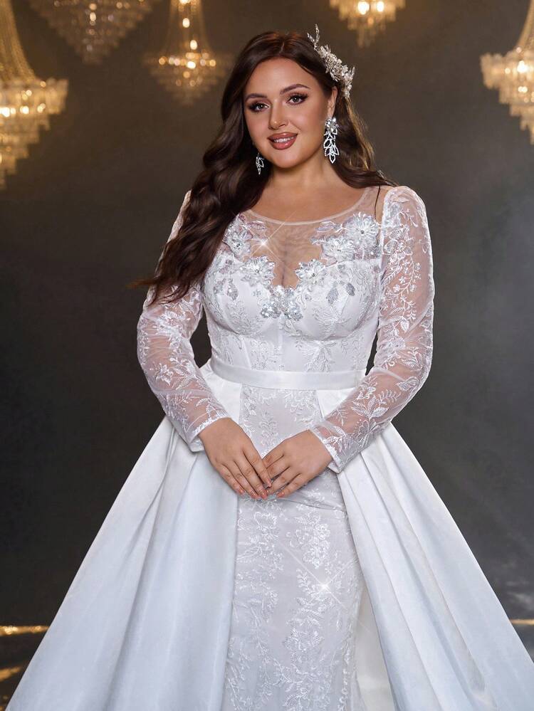 Glamrae Vestido Elegante, Romântico e Luxuoso Plus Size em Cetim Branco com Bordado de Contas, Bainha de Sereia com Cauda Destacável, Adequado para Festa à Noite, Gala, Lua de Mel, Cerimônia de Casamento, Noiva - Branco - Visão 1
