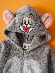 TOM & JERRY X SHEIN Young Boy Cartoon Plush 3D Ear Embroidered Zipper Plush Costume Jumpsuit , Autumn/Winter Fall - Grey - View 4
