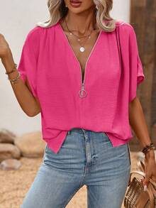 EMERY ROSE Women's Summer Solid Color Zipper Half Placket Batwing Short Sleeve Loose Blouse