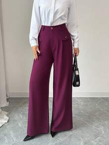 Elenzga Women's Burgundy Drapey Fabric Belted High Waist Elegant Loose Straight Leg Palazzo Pants, Professional Formal Trousers Fall Cloth For Women - Burgundy - View 5