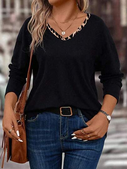 EMERY ROSE 2025 Nouveau T-shirt à manches longues col V avec bordure contrastante imprimé léopard pour femmes grande taille