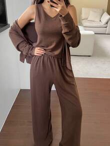 DAZY 3pcs Solid Color Comfortable Hooded Button Placket Top, Tank Top And Pants Women Lounge Set, Fall Winter Clothes - Coffee Brown - View 3