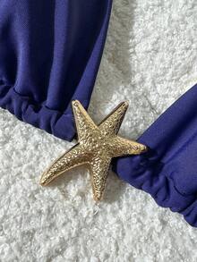 Swim Mod Bộ bikini gợi cảm dây mảnh màu trơn trang trí kim loại cho nữ, mùa hè - Màu xanh lam - Xem 4