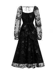 Ellevyn Vestido negro de malla bordada elegante y delicado de largo medio para mujer - Negro - Ver 3