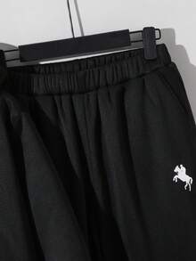SHEIN 青少年男孩黑色简约超大撞色小印花卫衣卫衣和裤子套装，休闲，学院风，舒适，时尚，百搭，面料柔软，适合日常穿着、上学、郊游、户外活动、秋冬季 - 黑色 - 查看 5