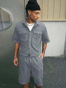 AXEPEAK Bộ 2 áo sơ mi tay ngắn dáng rộng phong cách đường phố thoải mái ve áo và quần short dành cho nam - Màu xanh lam - Xem 5