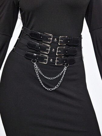Grunge Punk 1pc Punk Style 3-Row Buckle Elastic Waist Belt, Y2K Chain Pendant Personalized Elastic Waistband Belt, Versatile Buckle Waist Belt For Pants
