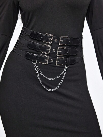 Grunge Punk 1pc Punk Style 3-Row Buckle Elastic Waist Belt, Y2K Chain Pendant Personalized Elastic Waistband Belt, Versatile Buckle Waist Belt For Pants