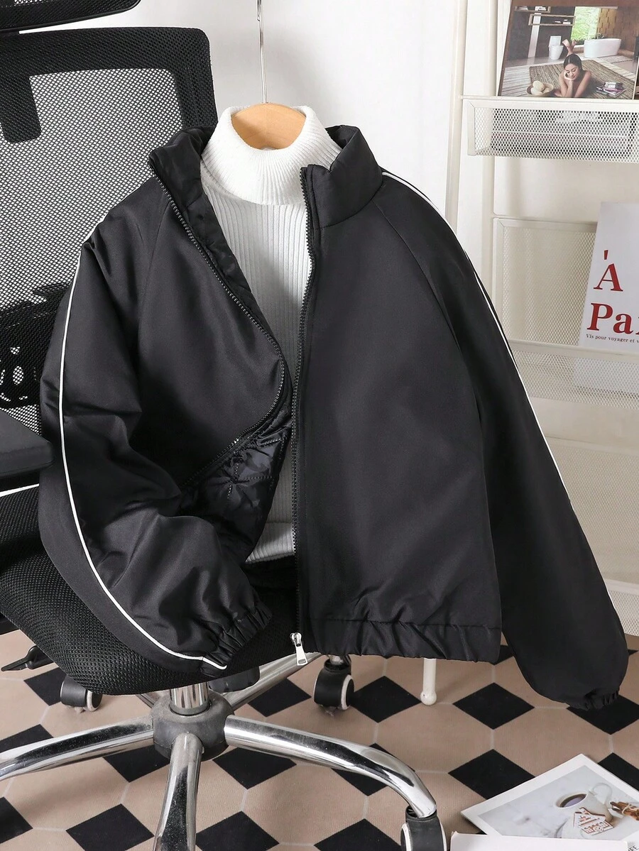 Teen Girls Printed Padded Coat, Suitable For Autumn/Winter Outings And Back To School Season Fall - Black - View 1