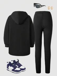 Set de 2 blusas casuales y sueltas de unicolor para niñas, estilo minimalista de uso diario, para primavera/otoño - Negro - Ver 2