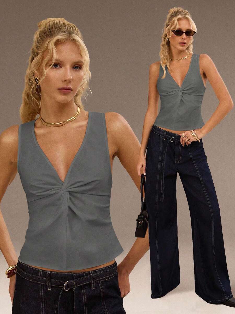 SHEIN Forever 21 夏季女士舞会/正式场合/海滩/度假/可爱/西式服装/商务休闲/优雅/生日/外出/俱乐部/办公室/音乐节/锐舞派对/工作/高雅/乡村音乐会/早午餐/邮轮/老钱/机场/端庄/教堂/仙女风/性感/趣味/嬉皮/下午茶/千禧年/街头风/2000年代/迪斯科/春假/毕业典礼/婚礼宾客/鸡尾酒会/复古/紧身/度假/1960年代//无袖上衣 - 灰色 - 查看 1