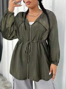 SHEIN EZwear 大码女式纯色抽绳腰连帽夹克 - 軍綠色 - 查看 5