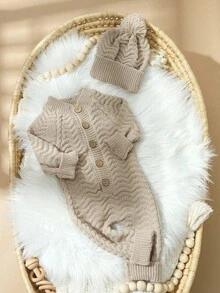 SHEIN 2件套针织新生儿连体衣带绒球帽男婴1个月100天摄影服装婴儿针织纽扣开襟毛衣拍照服装 - 杏色 - 查看 8