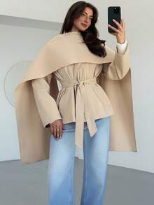 Aloruh 秋冬驼色收腰腰袋披肩领中长款女式风衣 - 卡其色 - 查看 8