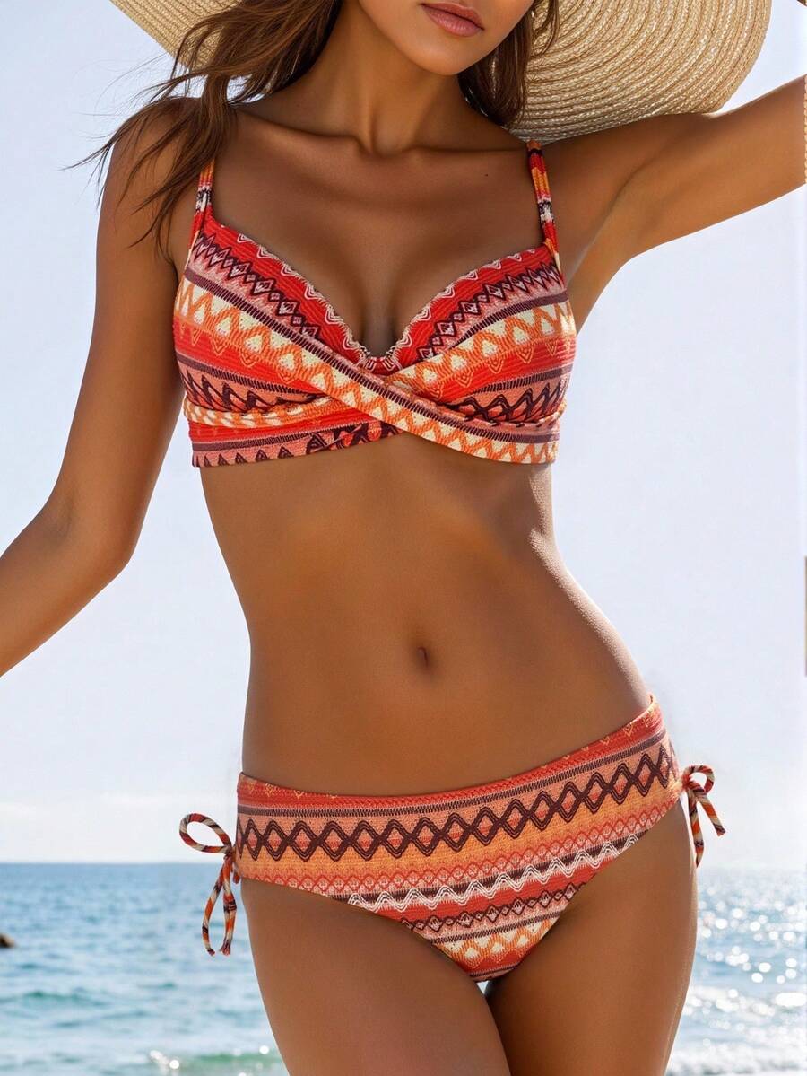 Swim Lushoire Costum de baie Tankini cu imprimeu și șnur, cu push-up, set de 2 bucăți, vară, elegant - Multicolor - Vizualizare 1