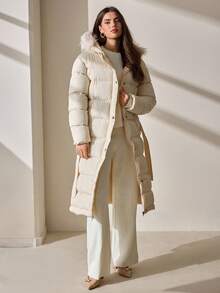 CLARA VERO Women's Beige Belted Padded Coat With Faux Fur Hood, Long Sleeve Quilted Winter Jacket - Beige - View 5