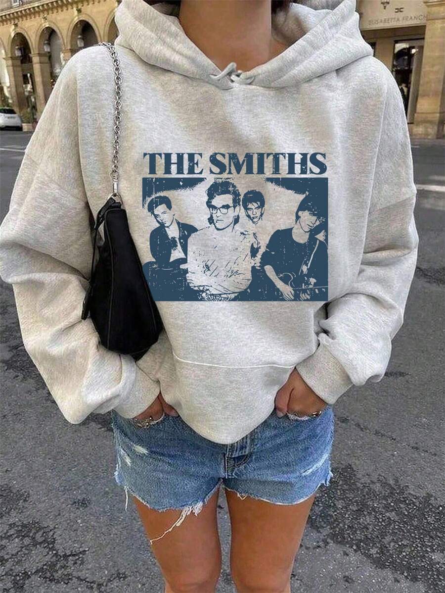 Jouncy 女式休闲肖像图案口袋落肩连帽衫，秋季 - 淺灰色 - 查看 1